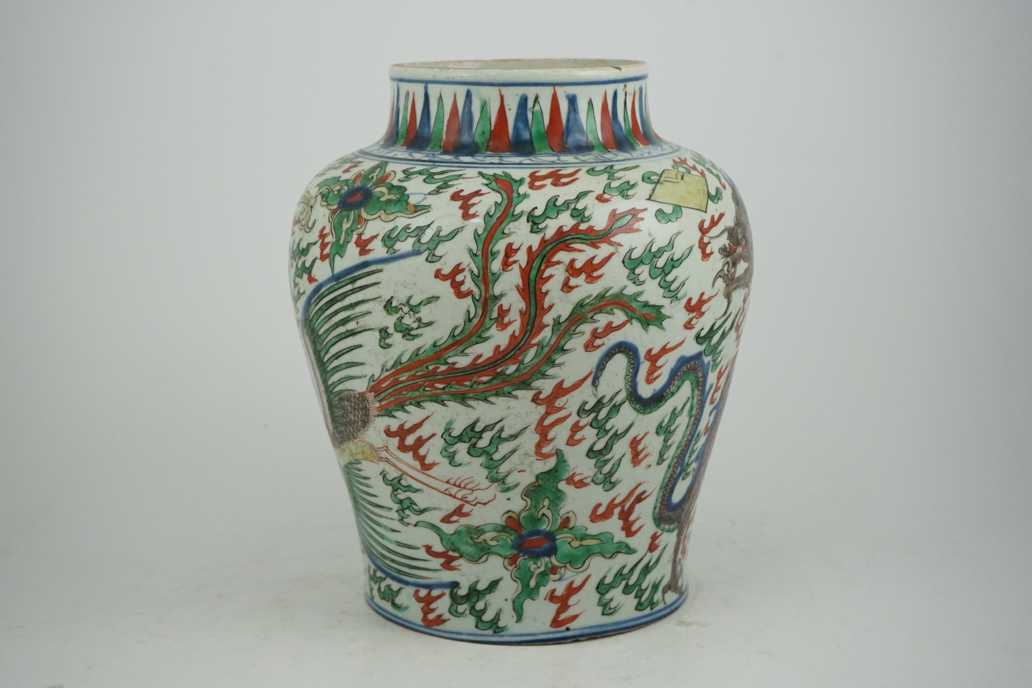 A Chinese wucai ‘dragon and phoenix’ baluster jar, Transitional, Shunzhi period (1644-1661)